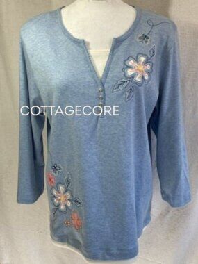 Cottagecore Blue Floral Embroidered Top Alfred Dunner M